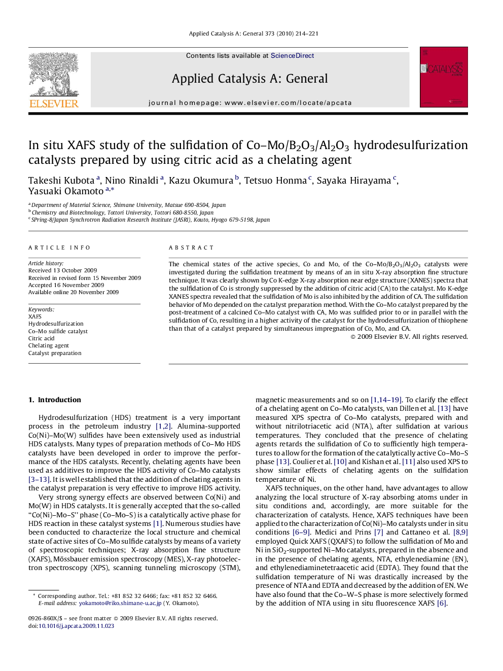 In situ XAFS study of the sulfidation of Co–Mo/B2O3/Al2O3 hydrodesulfurization catalysts prepared by using citric acid as a chelating agent