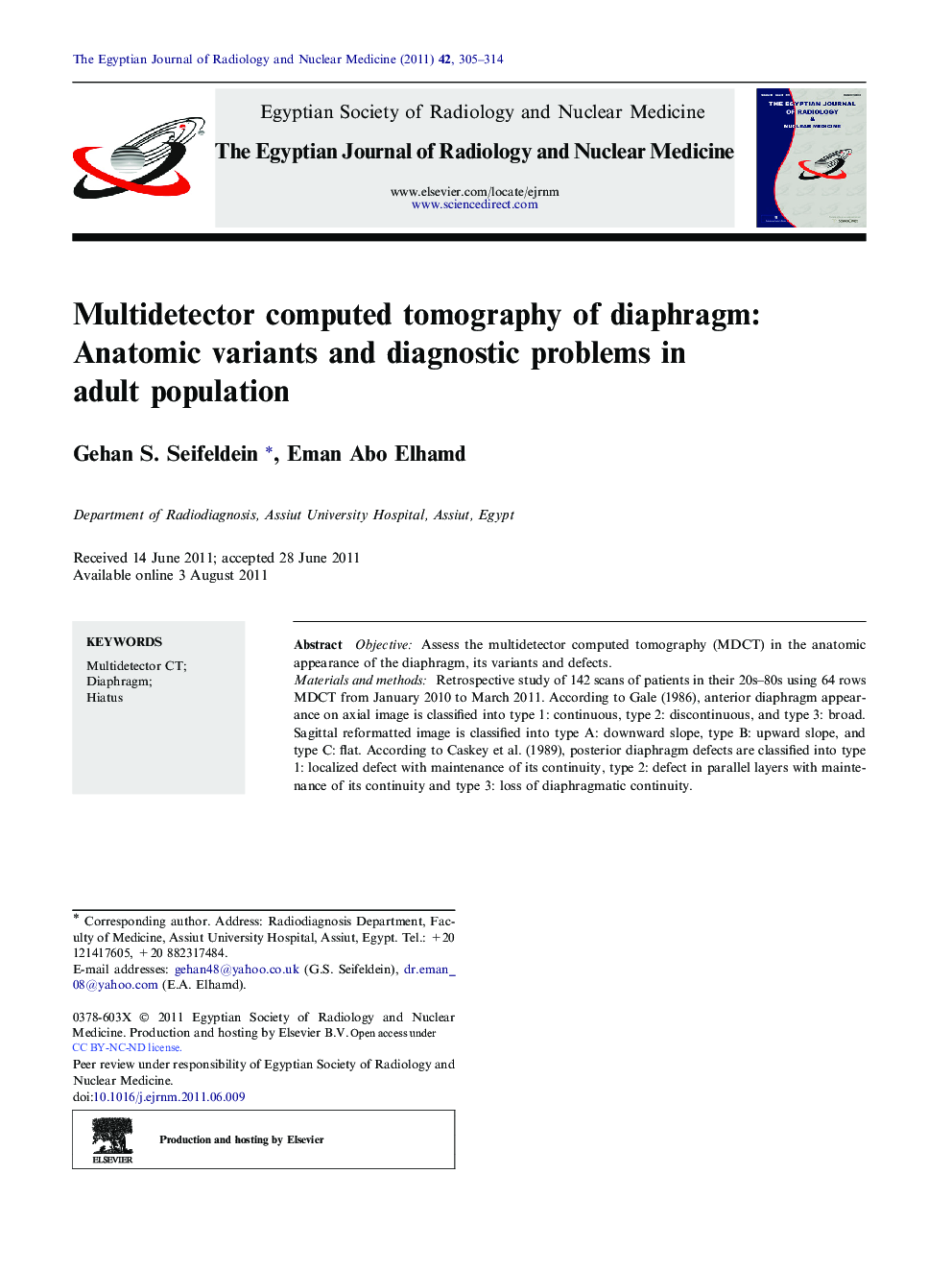 Multidetector computed tomography of diaphragm: Anatomic variants and diagnostic problems in adult population 