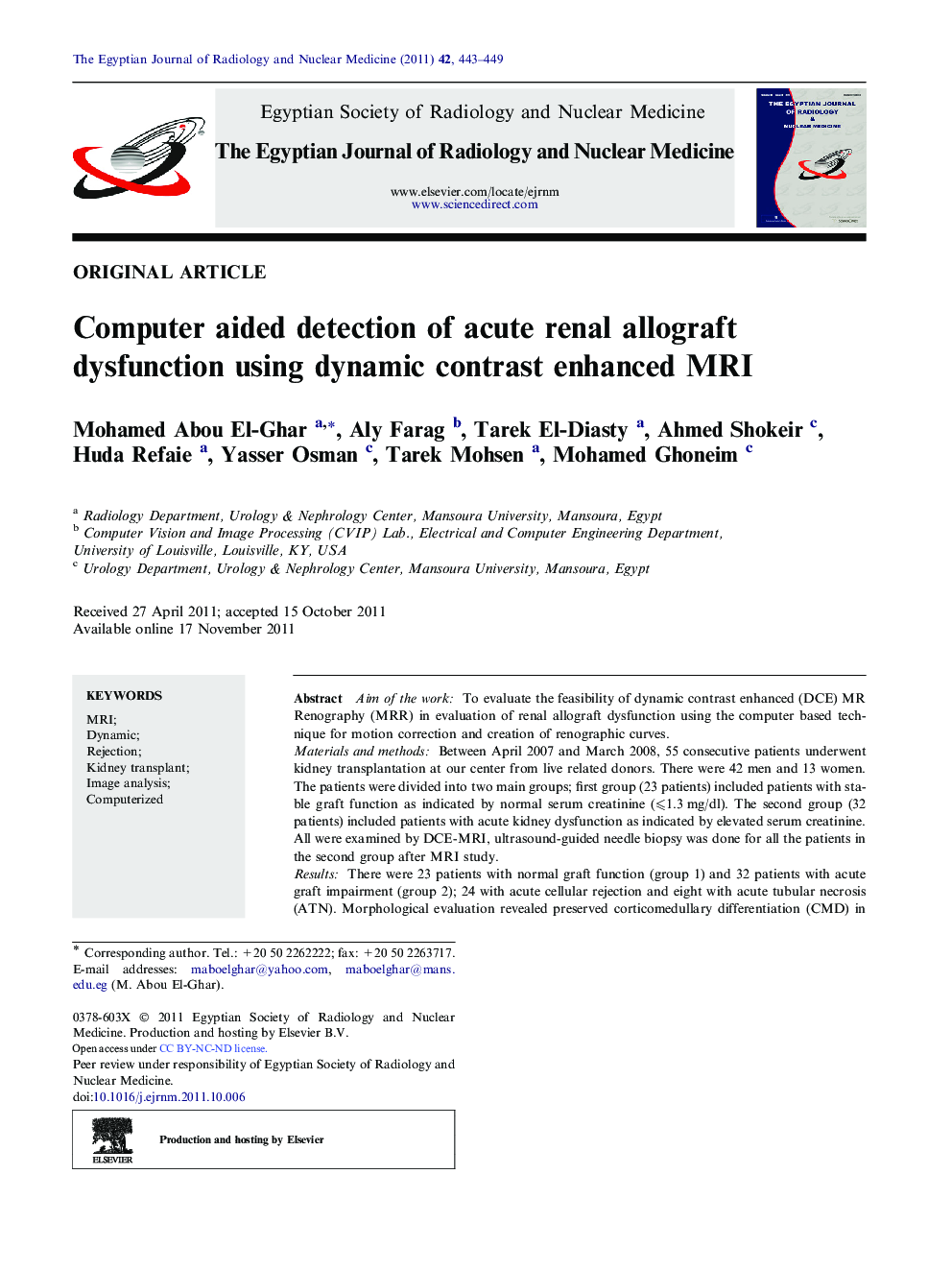 Computer aided detection of acute renal allograft dysfunction using dynamic contrast enhanced MRI 