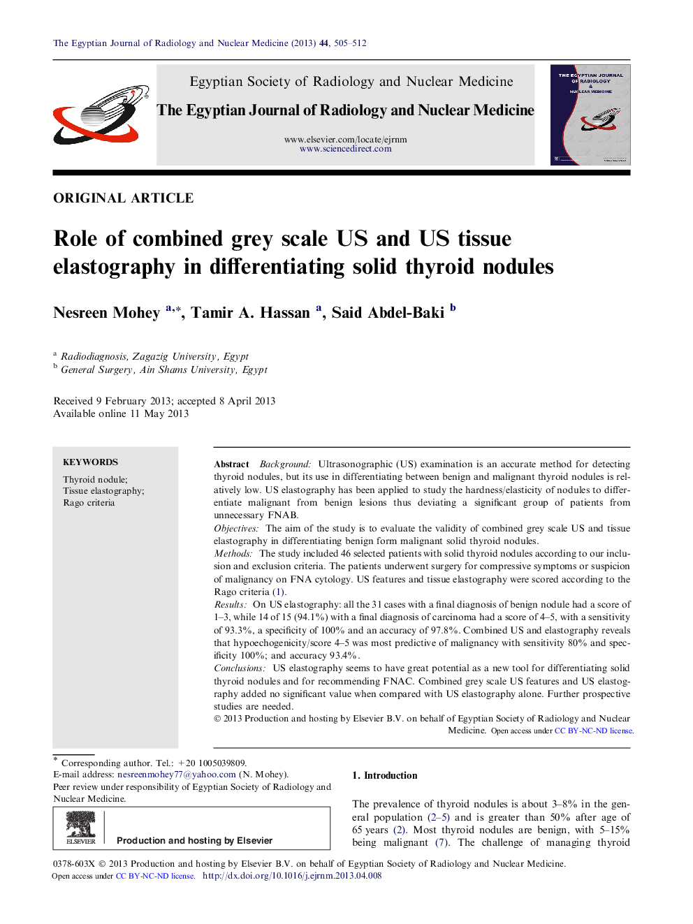 Role of combined grey scale US and US tissue elastography in differentiating solid thyroid nodules 