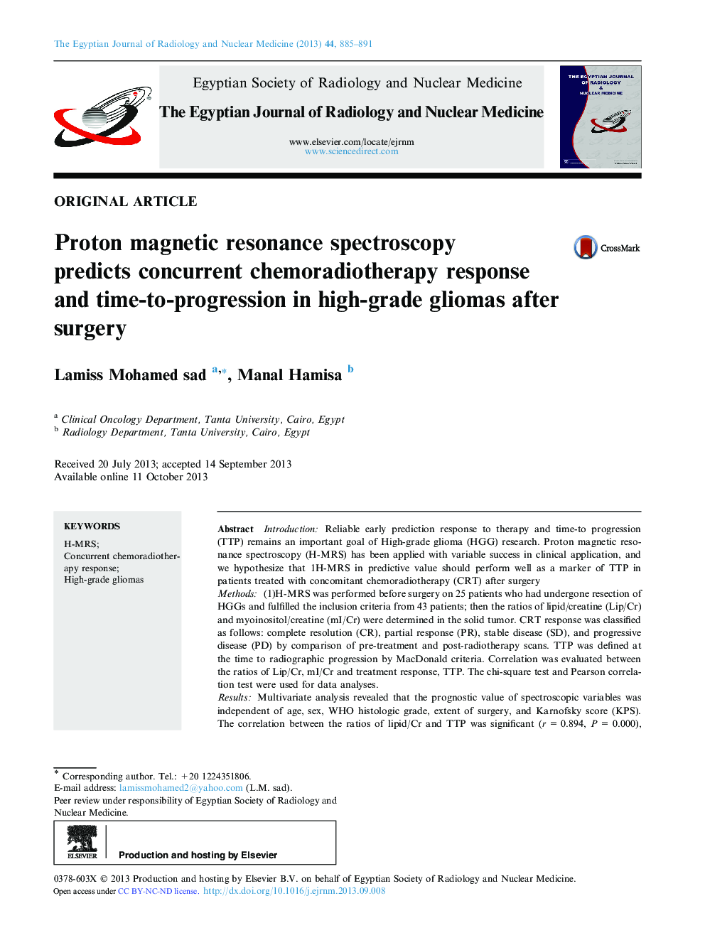 Proton magnetic resonance spectroscopy predicts concurrent chemoradiotherapy response and time-to-progression in high-grade gliomas after surgery 