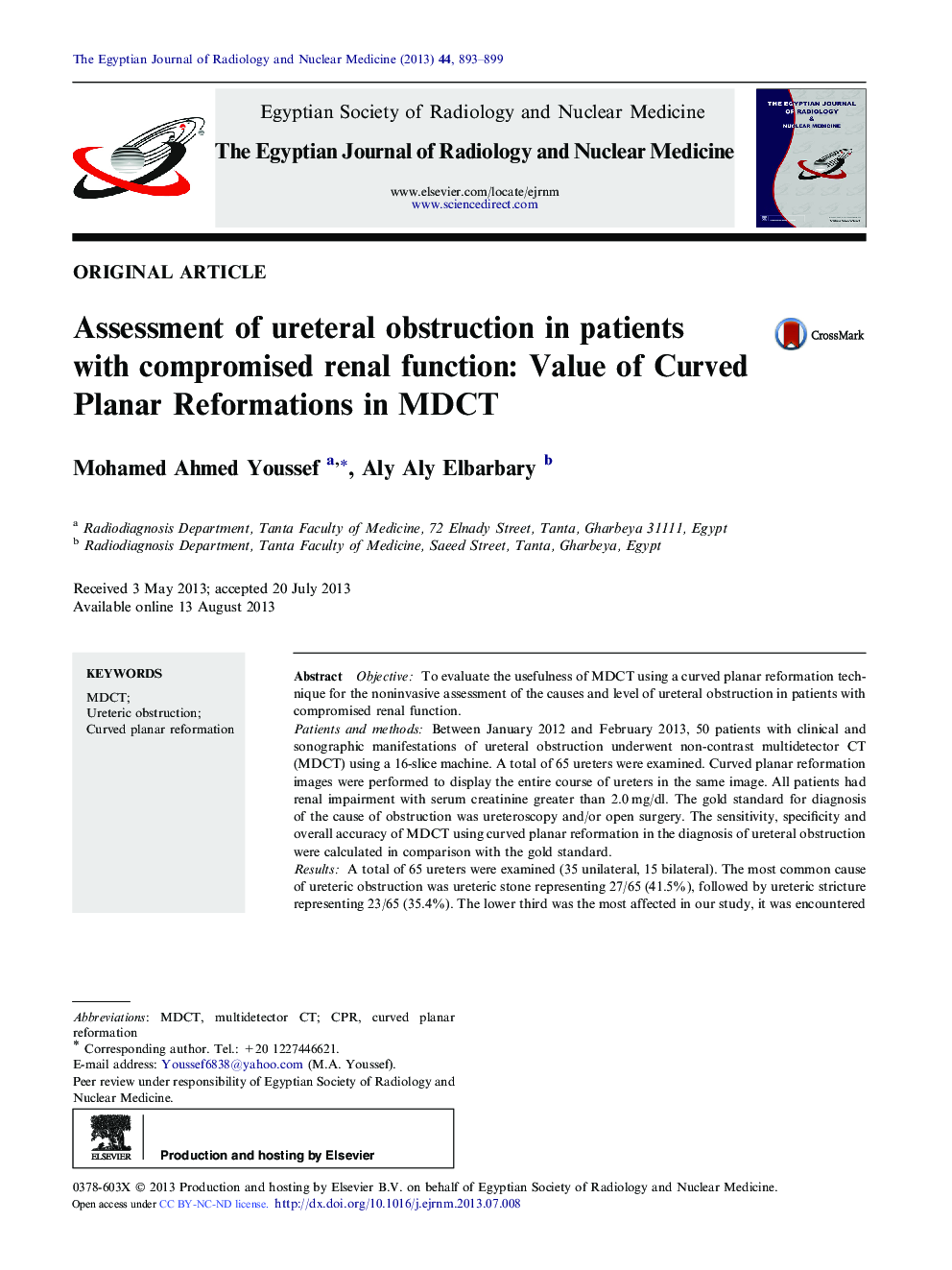 Assessment of ureteral obstruction in patients with compromised renal function: Value of Curved Planar Reformations in MDCT 