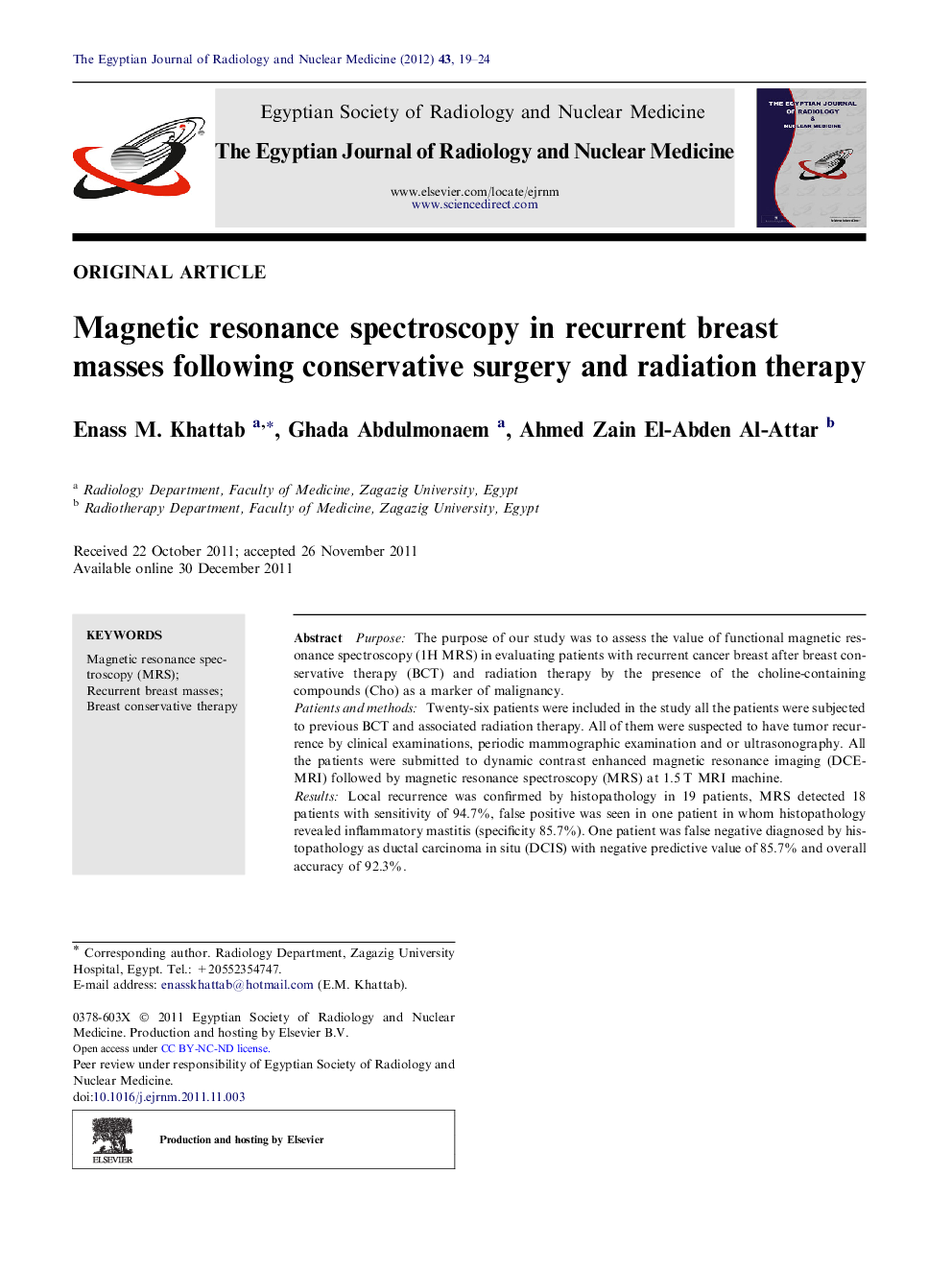 Magnetic resonance spectroscopy in recurrent breast masses following conservative surgery and radiation therapy 