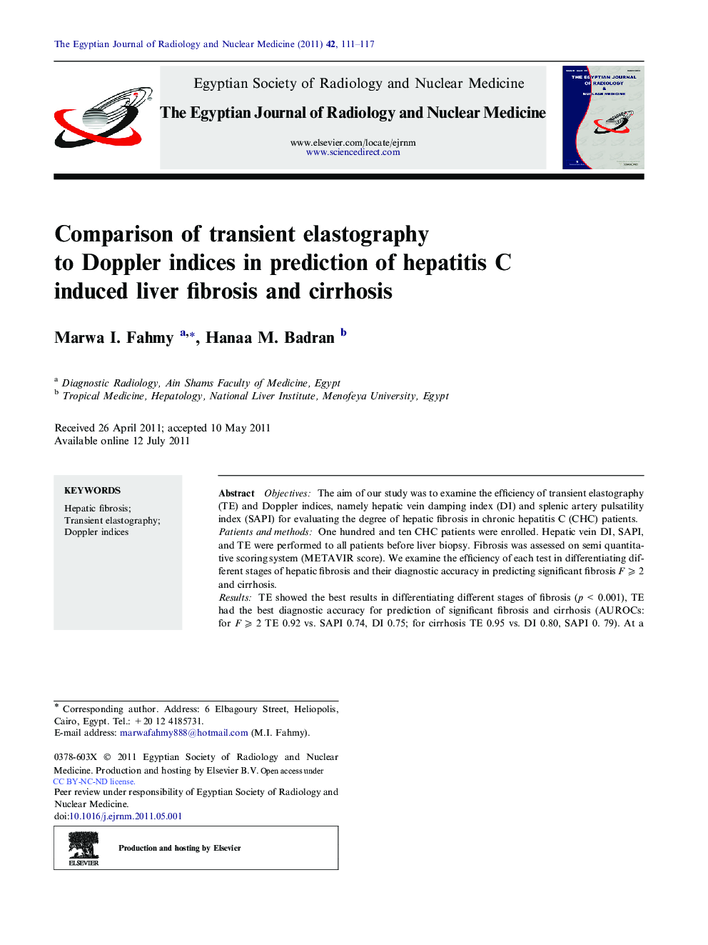 Comparison of transient elastography to Doppler indices in prediction of hepatitis C induced liver fibrosis and cirrhosis 