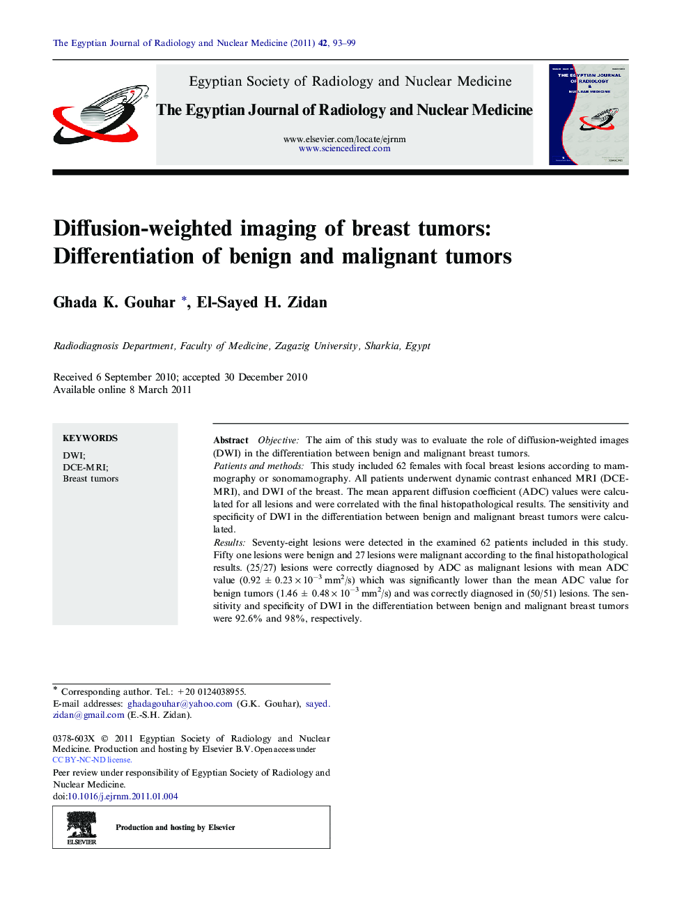 Diffusion-weighted imaging of breast tumors: Differentiation of benign and malignant tumors 