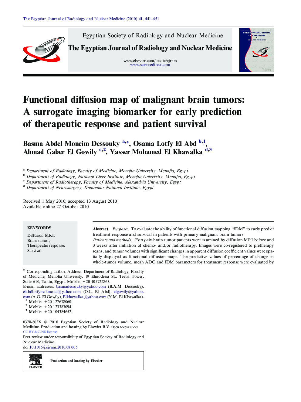 Functional diffusion map of malignant brain tumors: A surrogate imaging biomarker for early prediction of therapeutic response and patient survival 