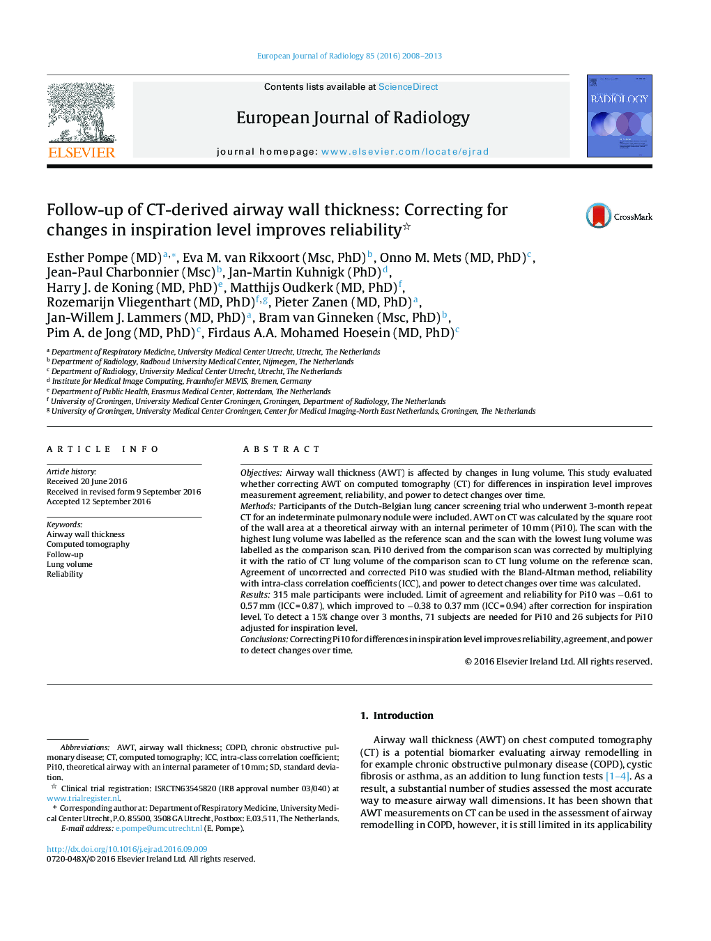 Follow-up of CT-derived airway wall thickness: Correcting for changes in inspiration level improves reliability