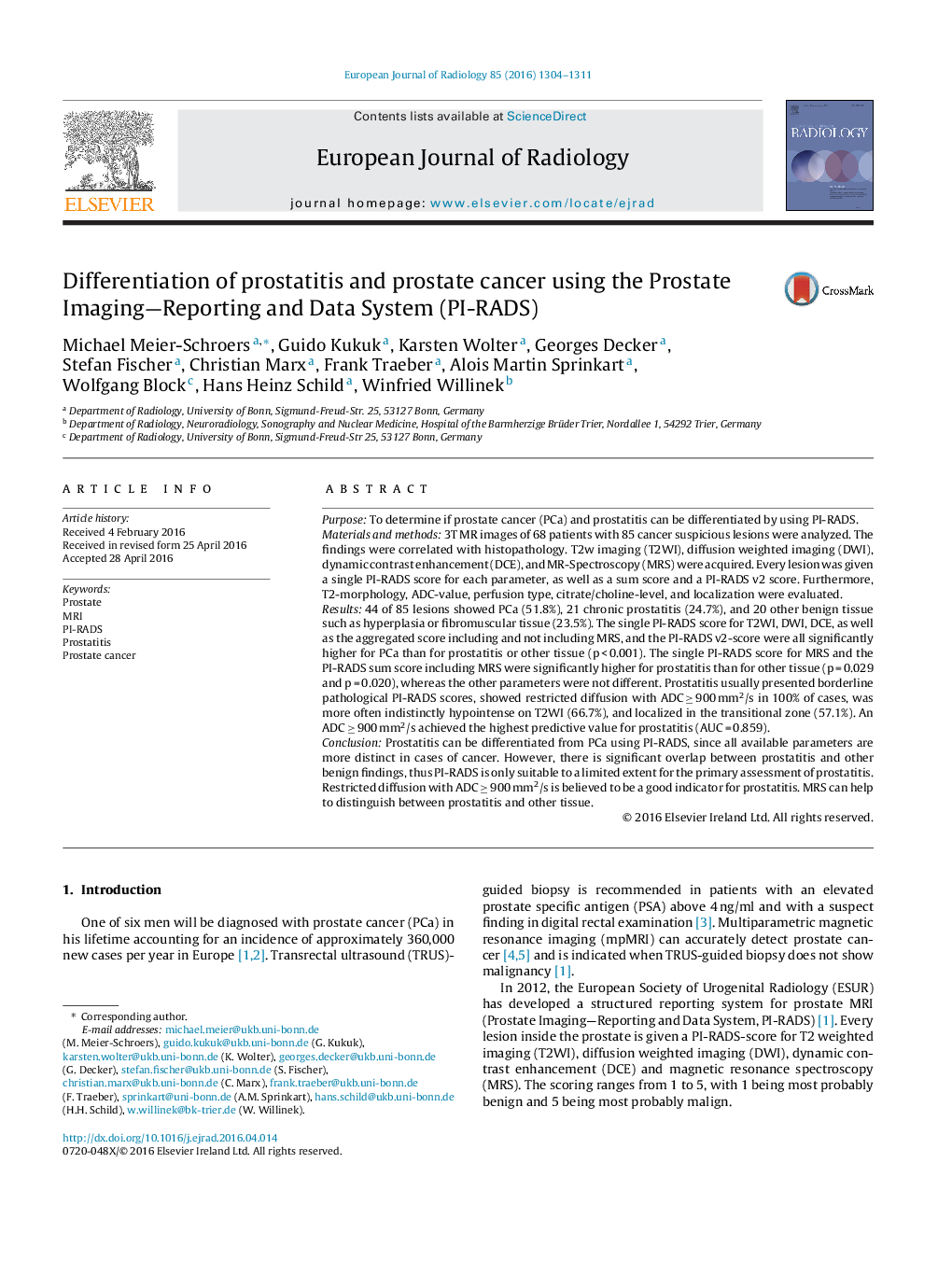 Differentiation of prostatitis and prostate cancer using the Prostate Imaging—Reporting and Data System (PI-RADS)