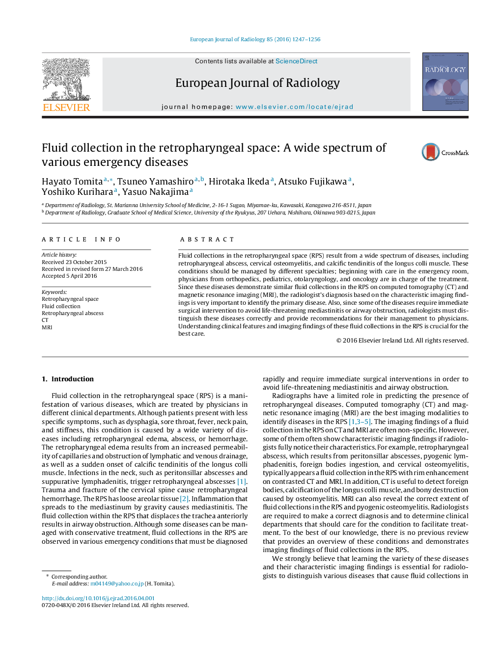 Fluid collection in the retropharyngeal space: A wide spectrum of various emergency diseases