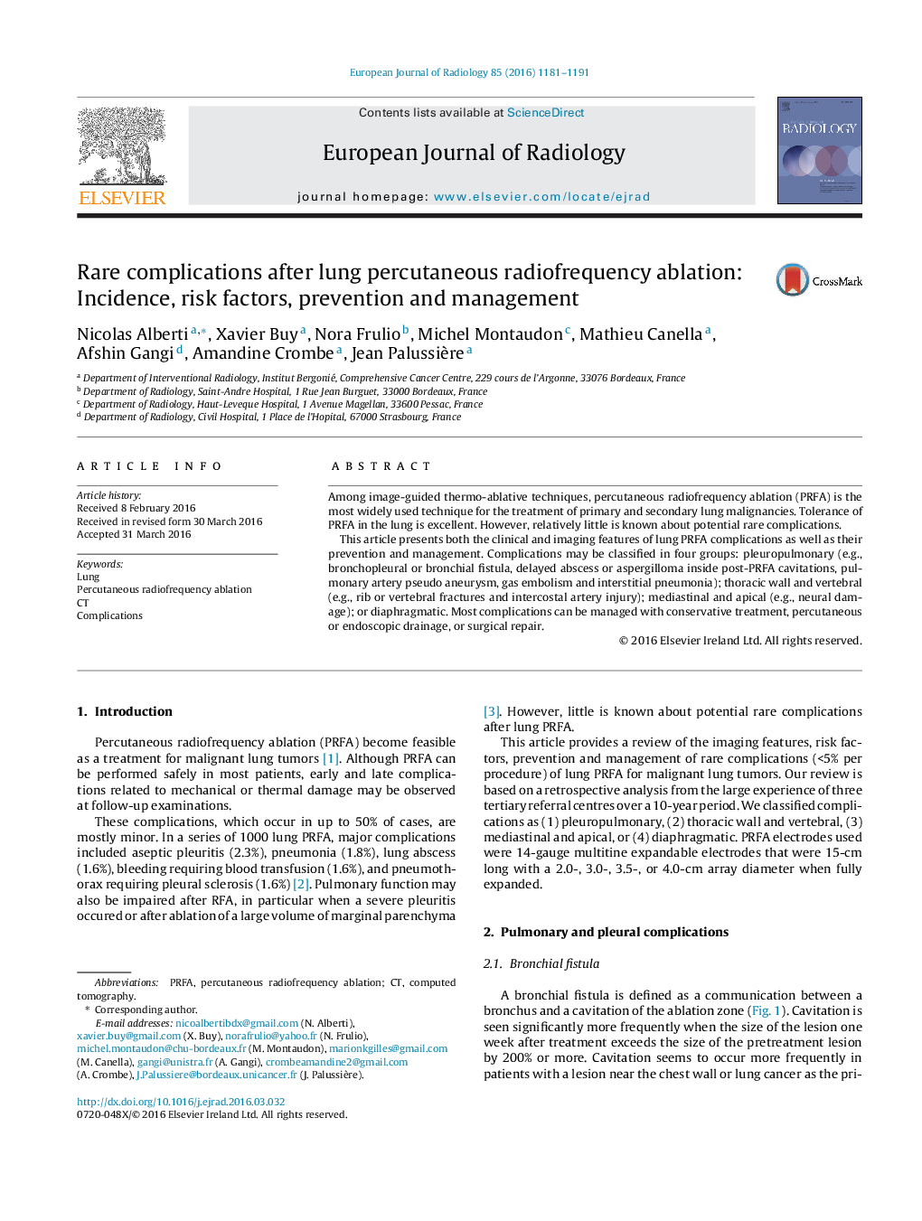 Rare complications after lung percutaneous radiofrequency ablation: Incidence, risk factors, prevention and management