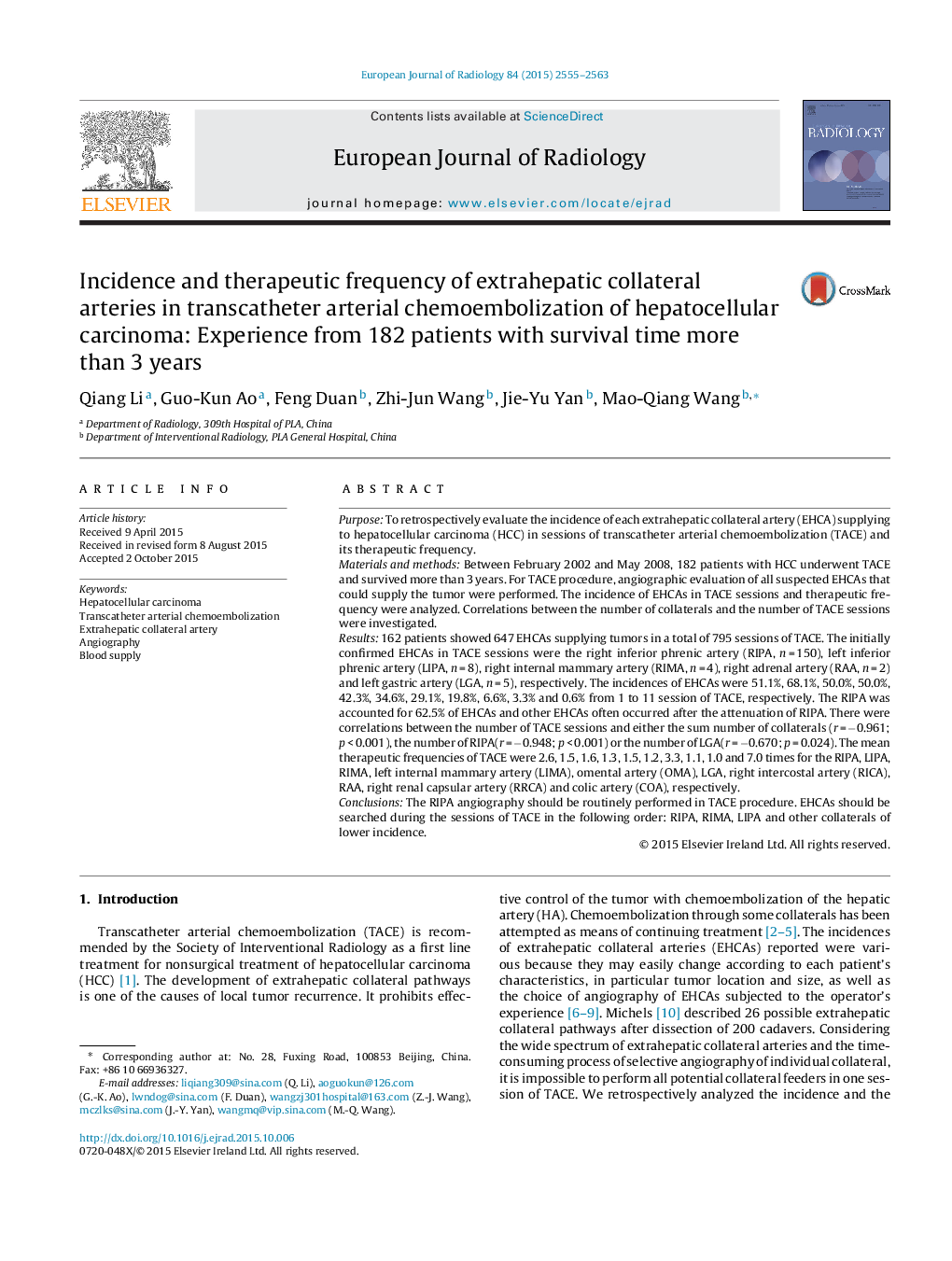 Incidence and therapeutic frequency of extrahepatic collateral arteries in transcatheter arterial chemoembolization of hepatocellular carcinoma: Experience from 182 patients with survival time more than 3 years