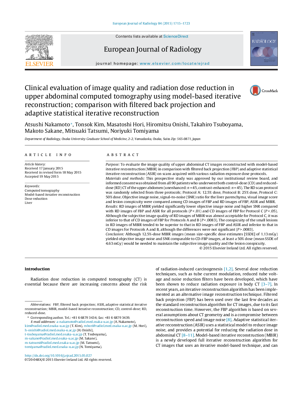Clinical evaluation of image quality and radiation dose reduction in upper abdominal computed tomography using model-based iterative reconstruction; comparison with filtered back projection and adaptive statistical iterative reconstruction