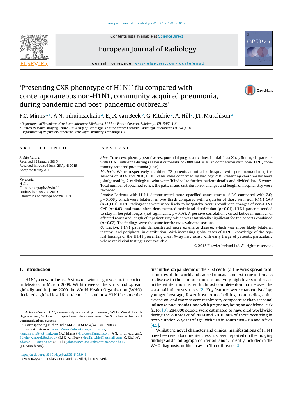 ‘Presenting CXR phenotype of H1N1’ flu compared with contemporaneous non-H1N1, community acquired pneumonia, during pandemic and post-pandemic outbreaks’
