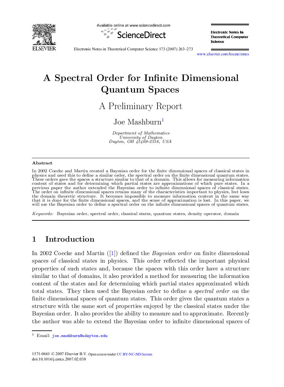 A Spectral Order for Infinite Dimensional Quantum Spaces: A Preliminary Report