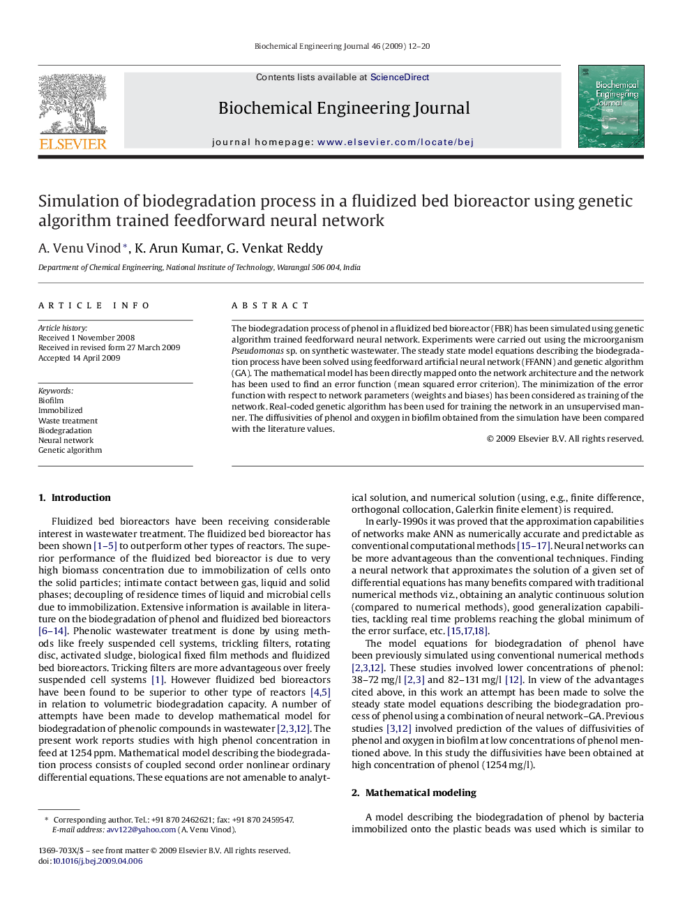 Simulation of biodegradation process in a fluidized bed bioreactor using genetic algorithm trained feedforward neural network