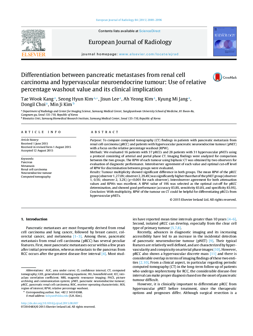 Differentiation between pancreatic metastases from renal cell carcinoma and hypervascular neuroendocrine tumour: Use of relative percentage washout value and its clinical implication