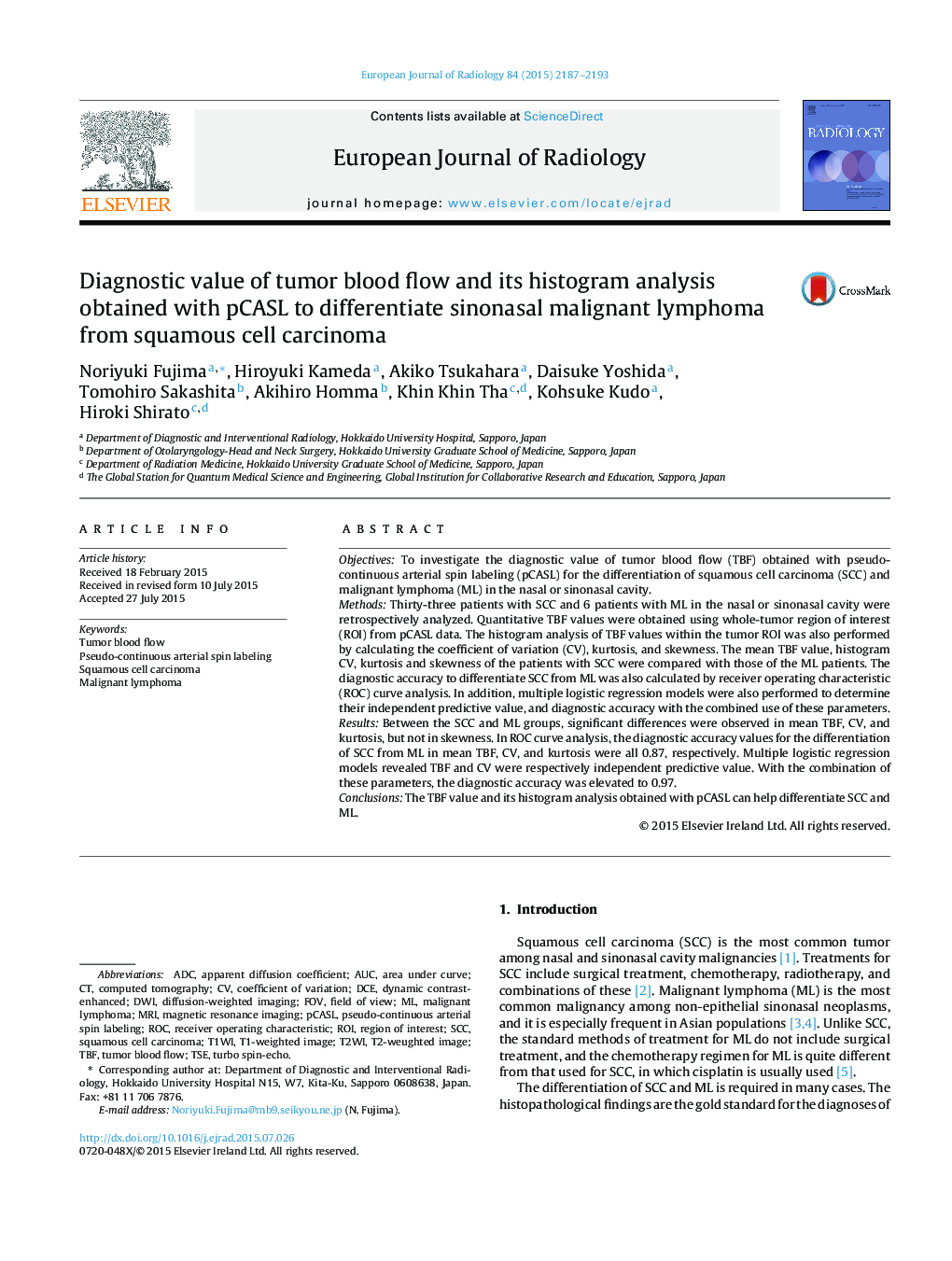 Diagnostic value of tumor blood flow and its histogram analysis obtained with pCASL to differentiate sinonasal malignant lymphoma from squamous cell carcinoma