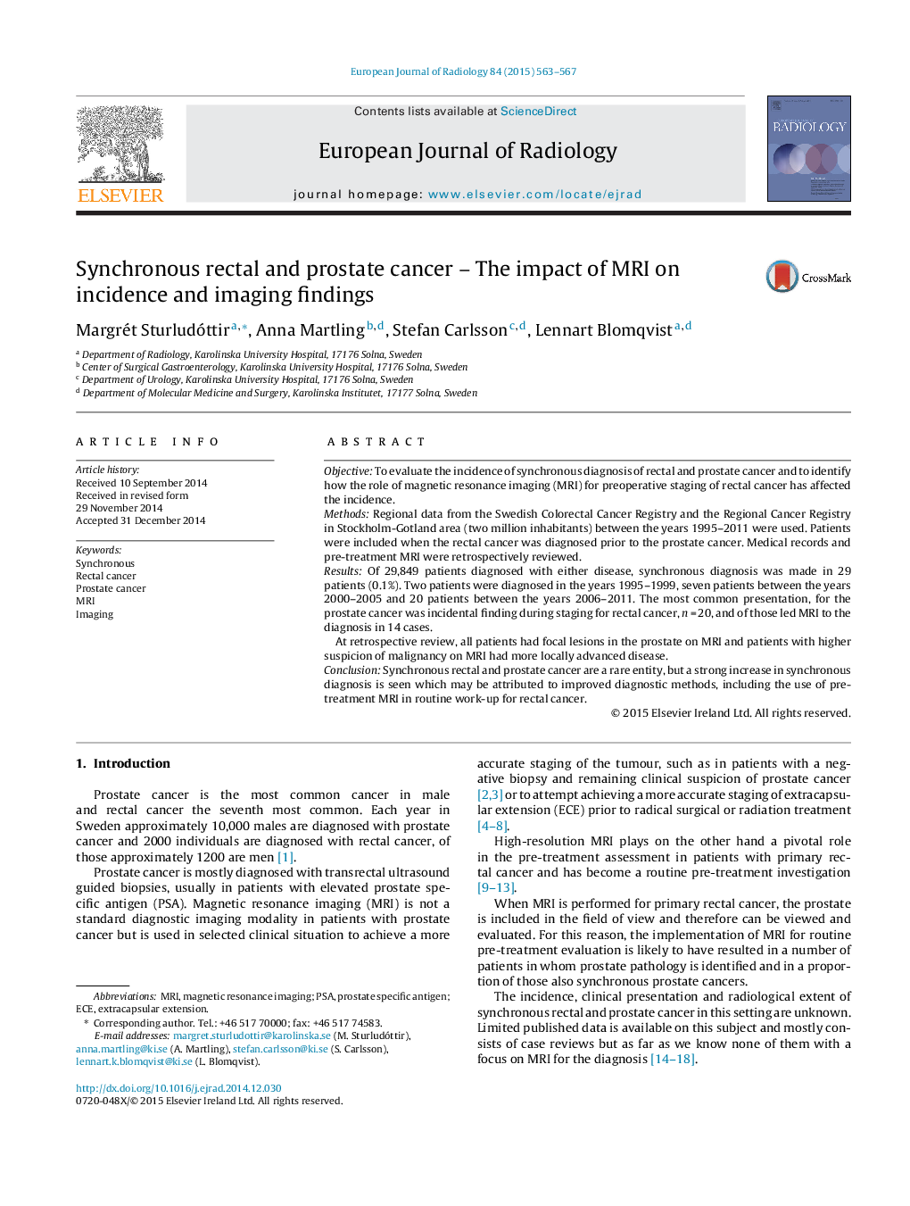 Synchronous rectal and prostate cancer – The impact of MRI on incidence and imaging findings