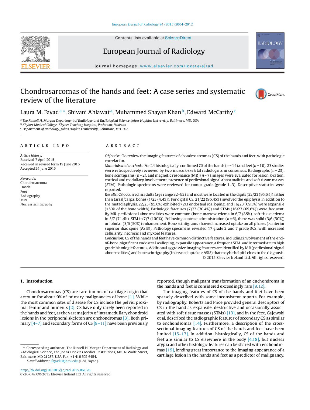 Chondrosarcomas of the hands and feet: A case series and systematic review of the literature