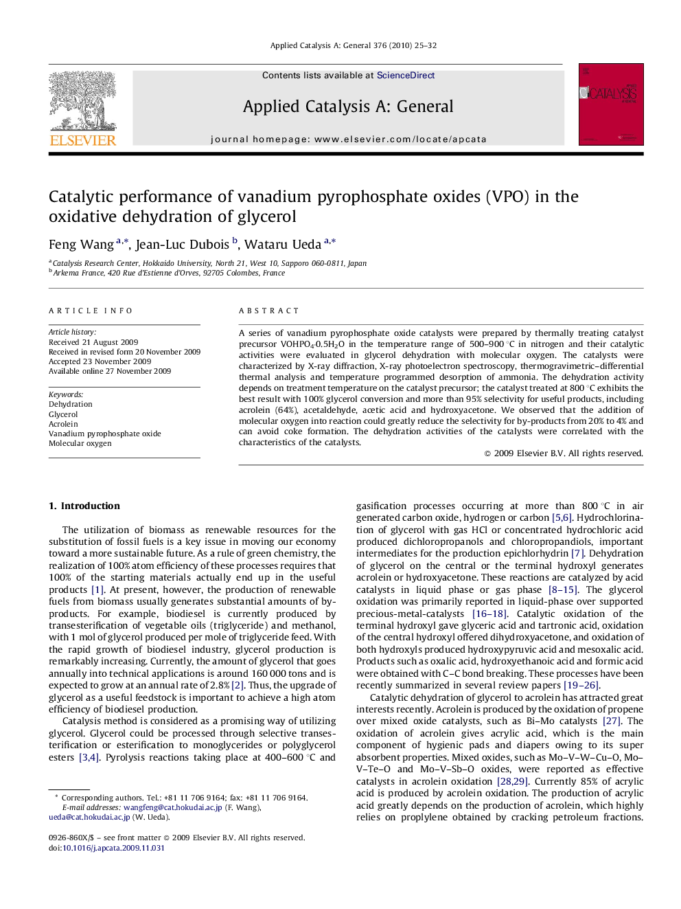 عکس صفحه اول مقاله: Catalytic performance of vanadium pyrophosphate oxides (VPO) in the oxidative dehydration of glycerol Catalytic performance of vanadium pyrophosphate oxides (VPO) in the oxidative dehydration of glycerol