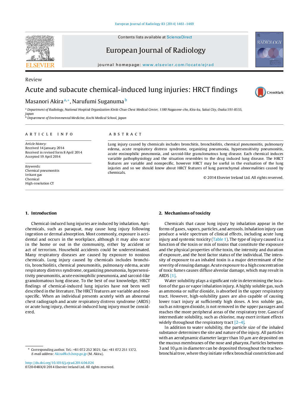 Acute and subacute chemical-induced lung injuries: HRCT findings