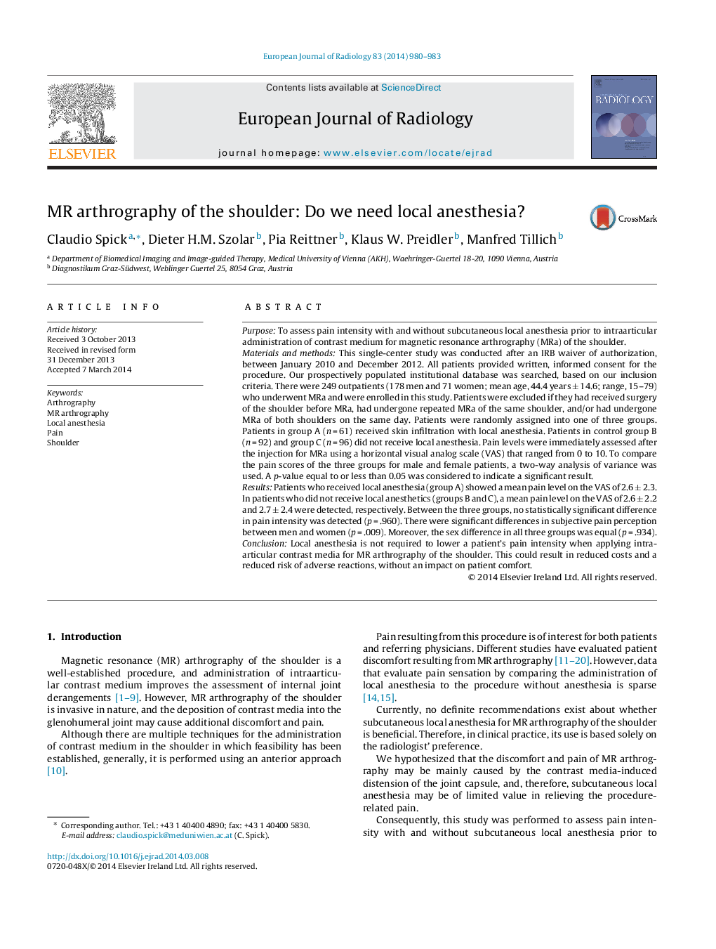 MR arthrography of the shoulder: Do we need local anesthesia?