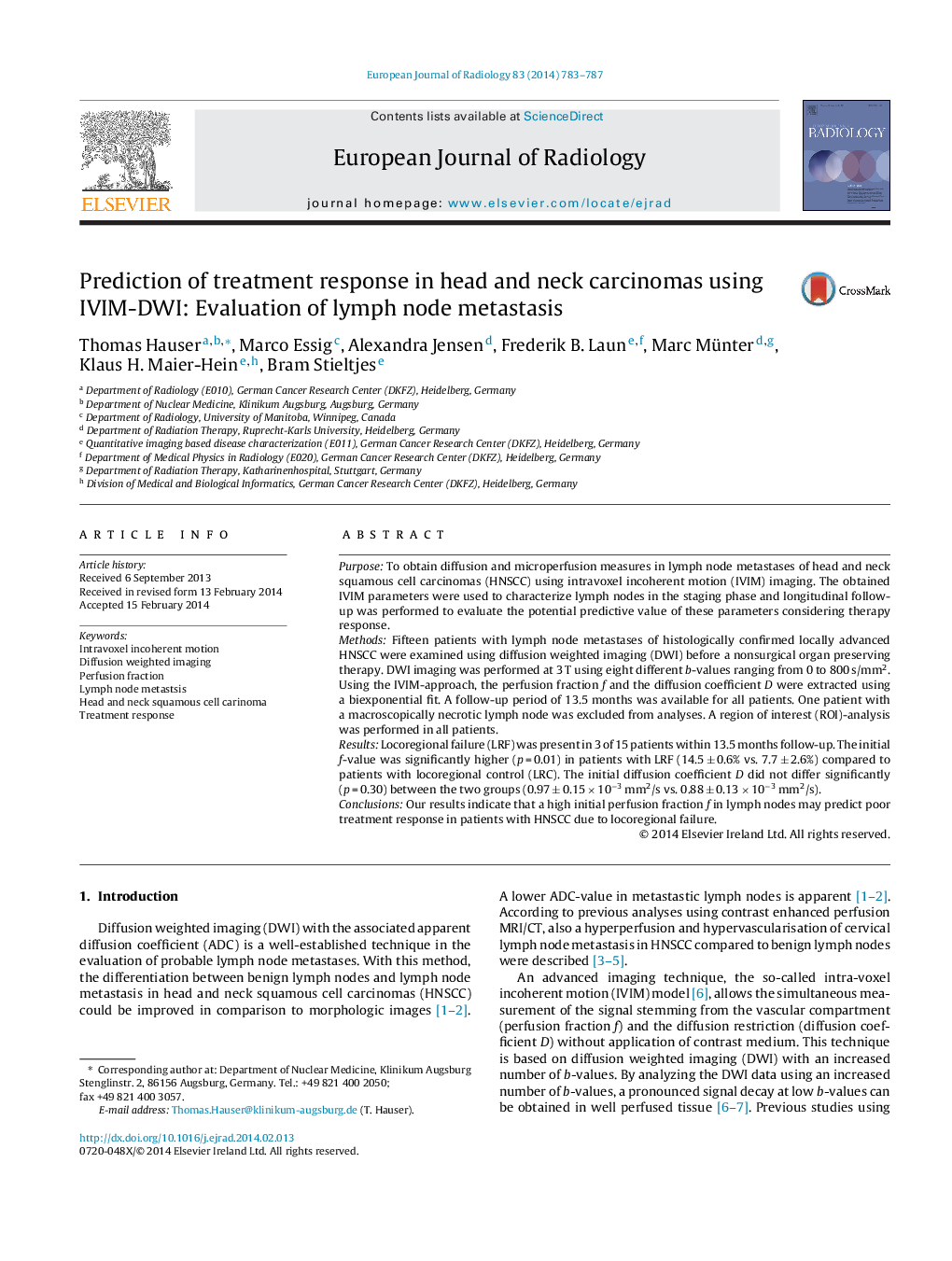 Prediction of treatment response in head and neck carcinomas using IVIM-DWI: Evaluation of lymph node metastasis