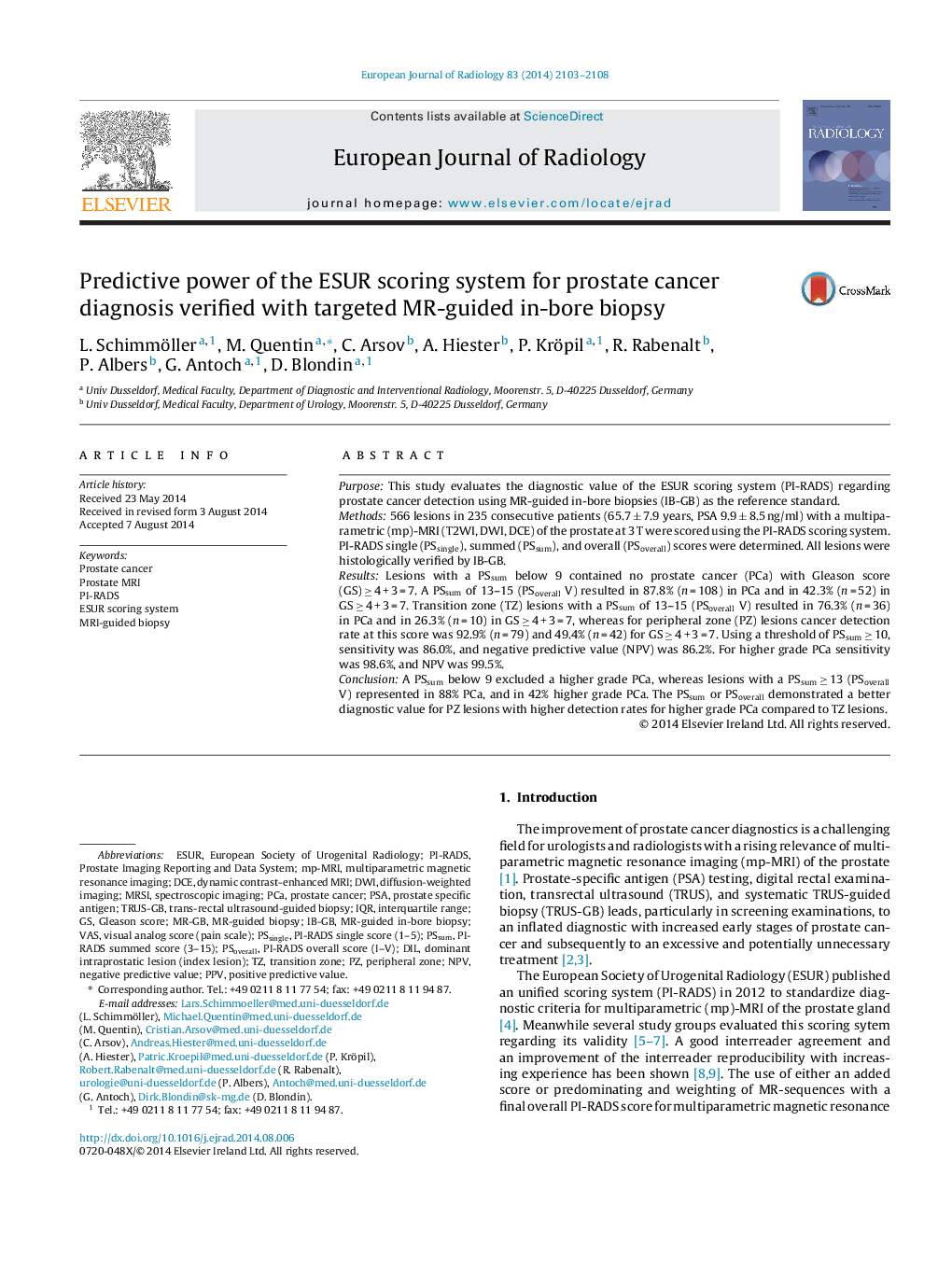 Predictive power of the ESUR scoring system for prostate cancer diagnosis verified with targeted MR-guided in-bore biopsy