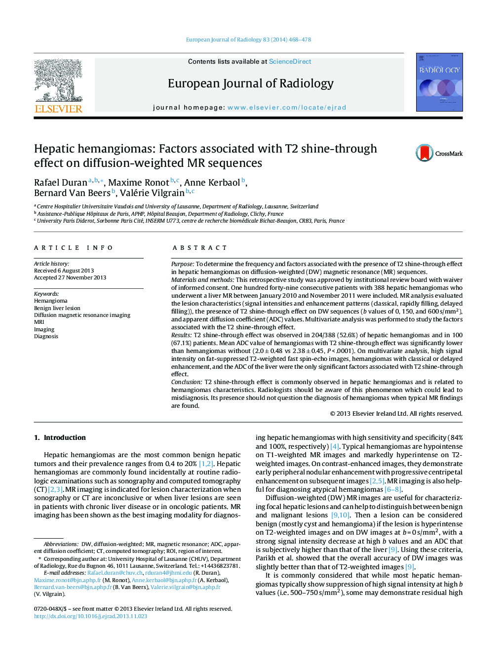 Hepatic hemangiomas: Factors associated with T2 shine-through effect on diffusion-weighted MR sequences