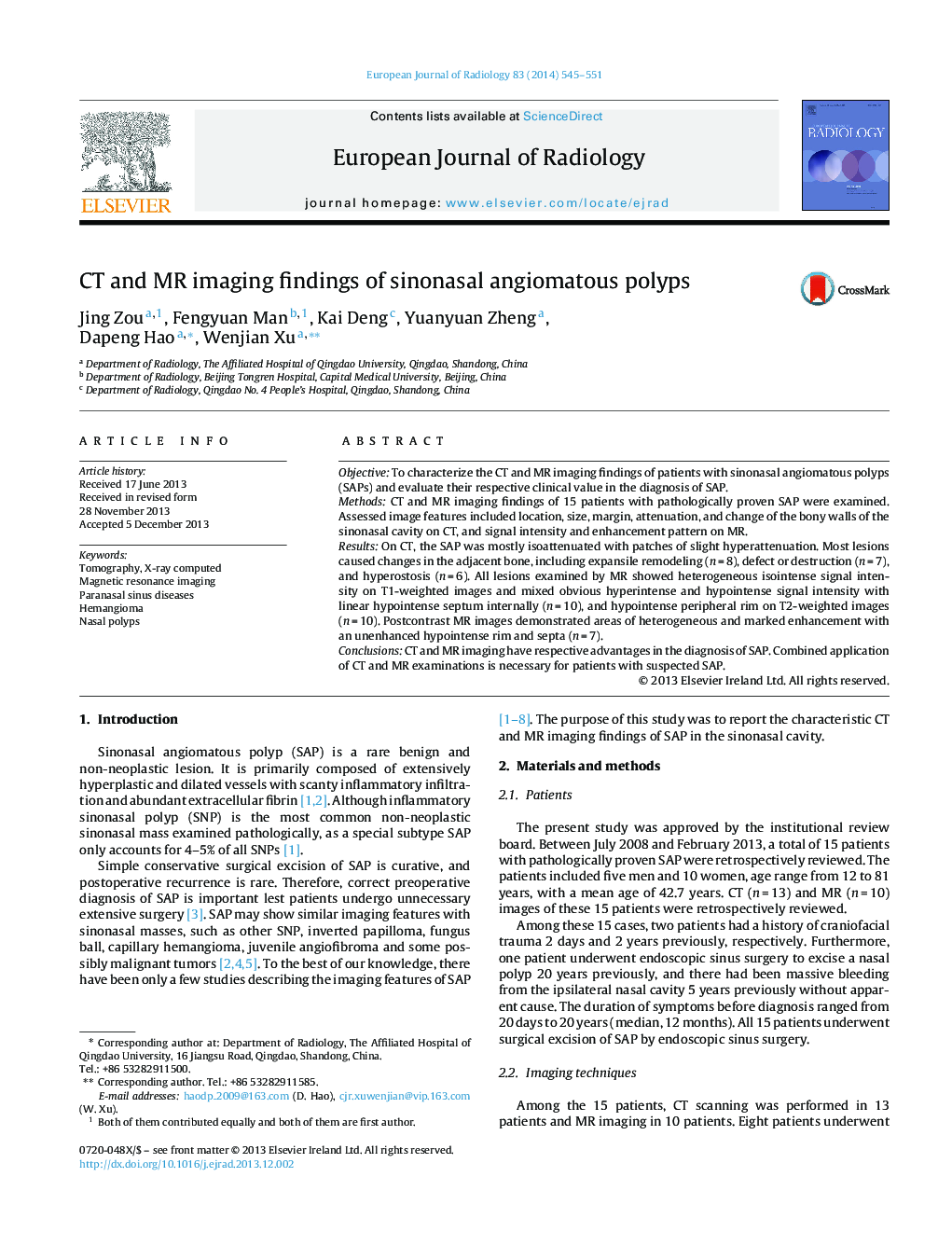 CT and MR imaging findings of sinonasal angiomatous polyps