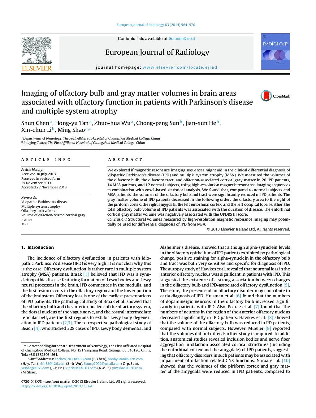 Imaging of olfactory bulb and gray matter volumes in brain areas associated with olfactory function in patients with Parkinson's disease and multiple system atrophy