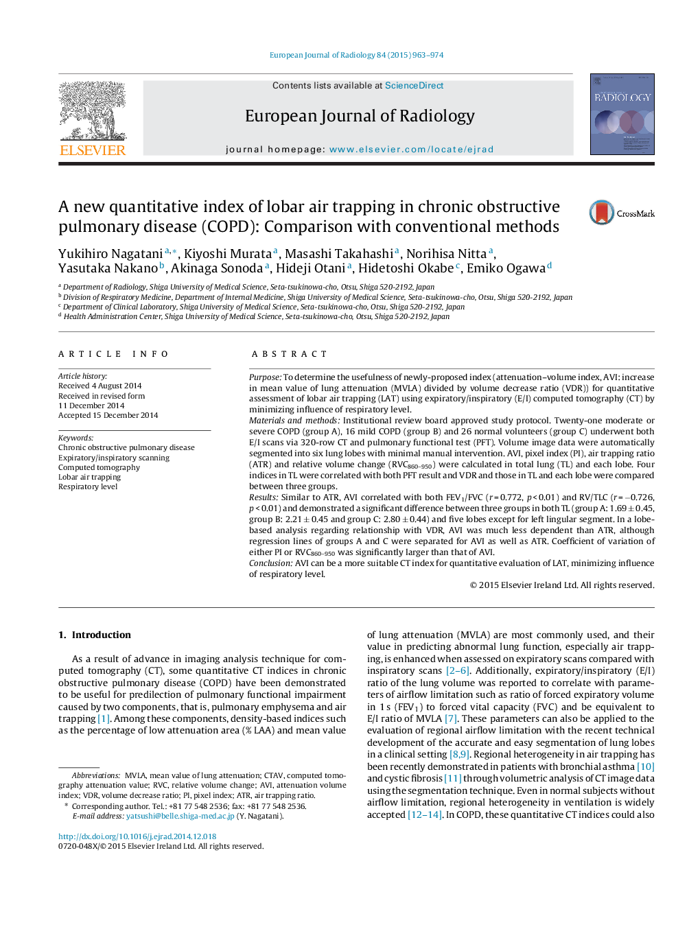 A new quantitative index of lobar air trapping in chronic obstructive pulmonary disease (COPD): Comparison with conventional methods