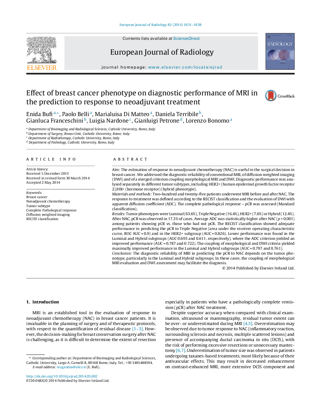 Effect of breast cancer phenotype on diagnostic performance of MRI in the prediction to response to neoadjuvant treatment