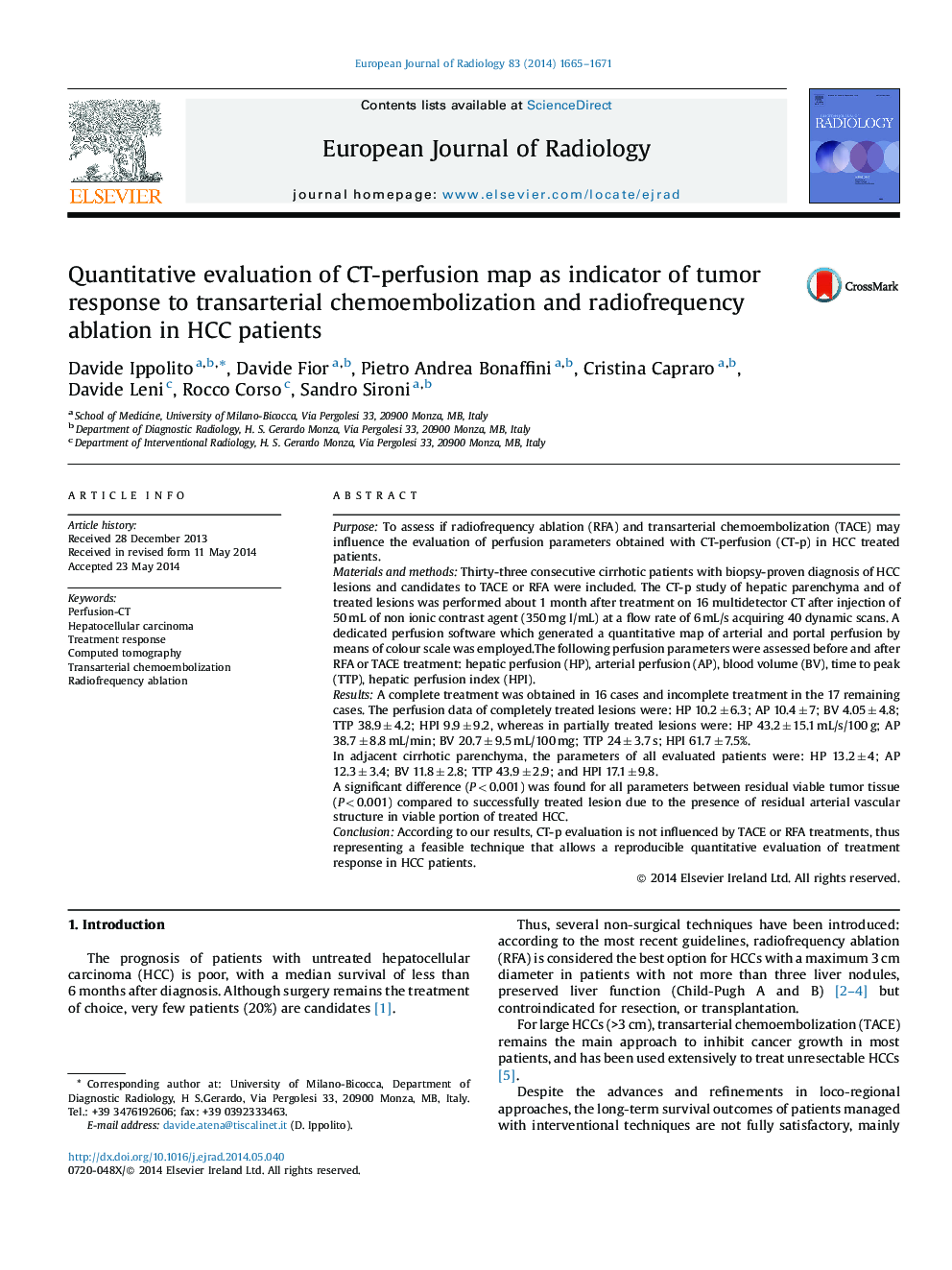 Quantitative evaluation of CT-perfusion map as indicator of tumor response to transarterial chemoembolization and radiofrequency ablation in HCC patients