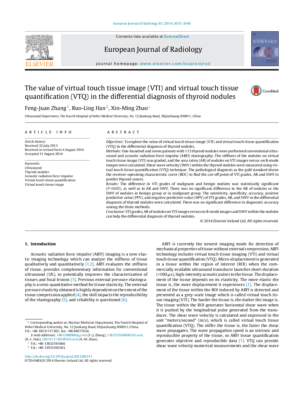 The value of virtual touch tissue image (VTI) and virtual touch tissue quantification (VTQ) in the differential diagnosis of thyroid nodules