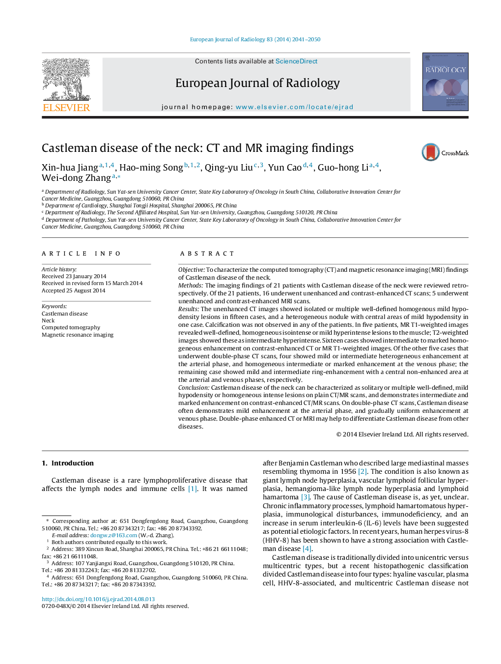 Castleman disease of the neck: CT and MR imaging findings