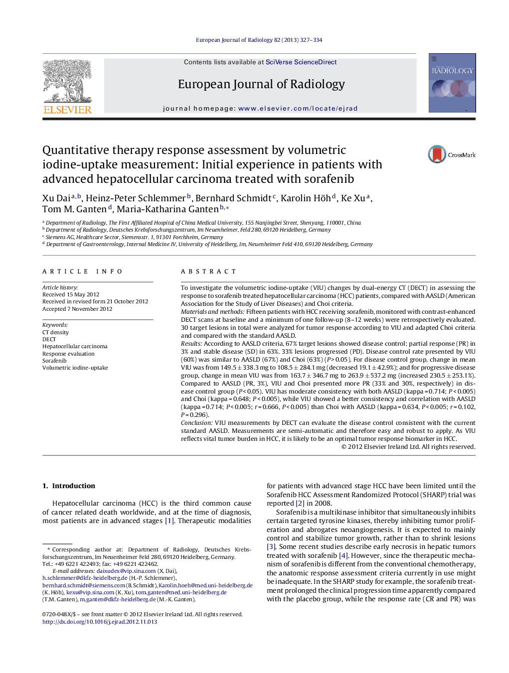 Quantitative therapy response assessment by volumetric iodine-uptake measurement: Initial experience in patients with advanced hepatocellular carcinoma treated with sorafenib