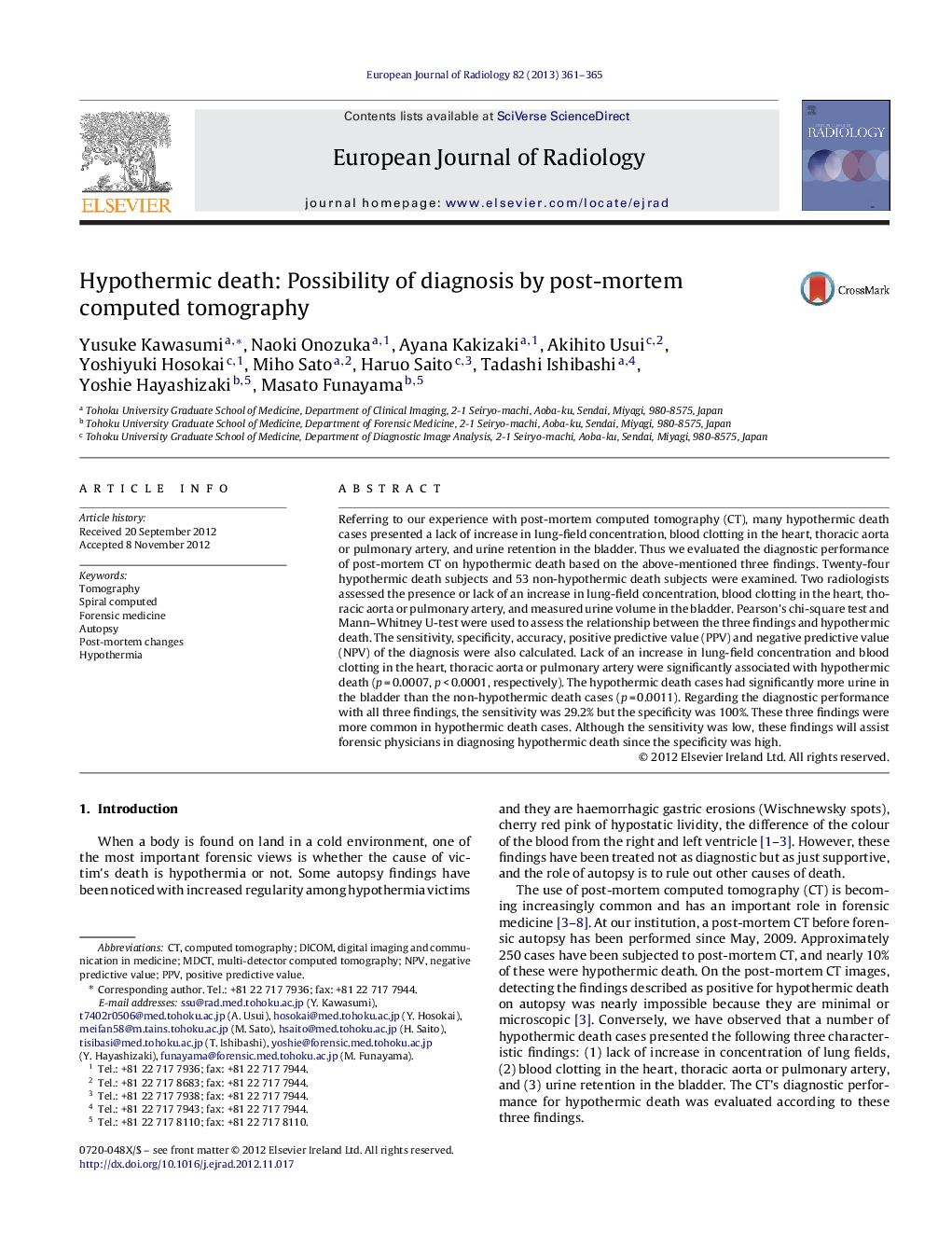 Hypothermic death: Possibility of diagnosis by post-mortem computed tomography