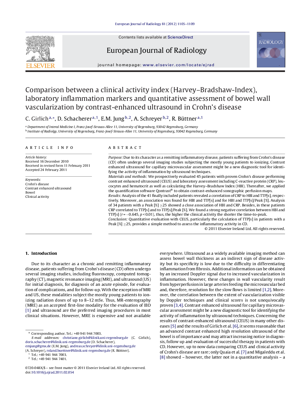 Comparison between a clinical activity index (Harvey–Bradshaw-Index), laboratory inflammation markers and quantitative assessment of bowel wall vascularization by contrast-enhanced ultrasound in Crohn's disease