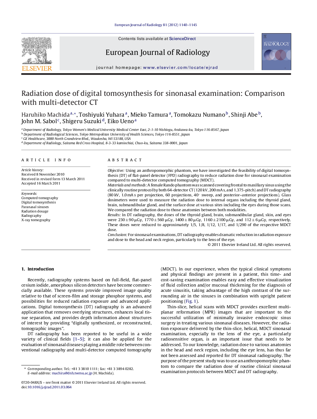 Radiation dose of digital tomosynthesis for sinonasal examination: Comparison with multi-detector CT