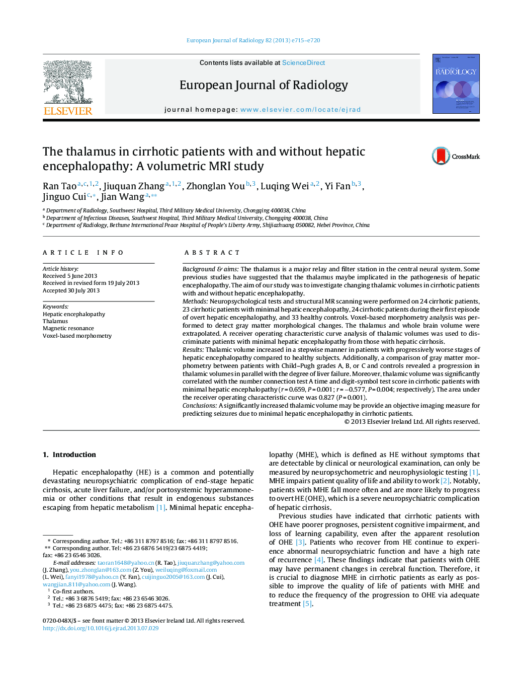 The thalamus in cirrhotic patients with and without hepatic encephalopathy: A volumetric MRI study