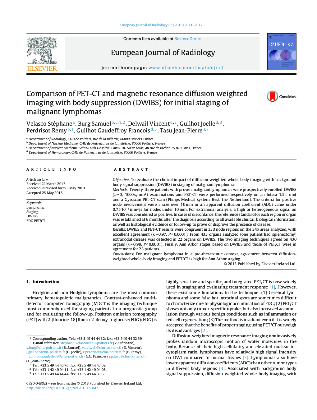 Comparison of PET-CT and magnetic resonance diffusion weighted imaging with body suppression (DWIBS) for initial staging of malignant lymphomas