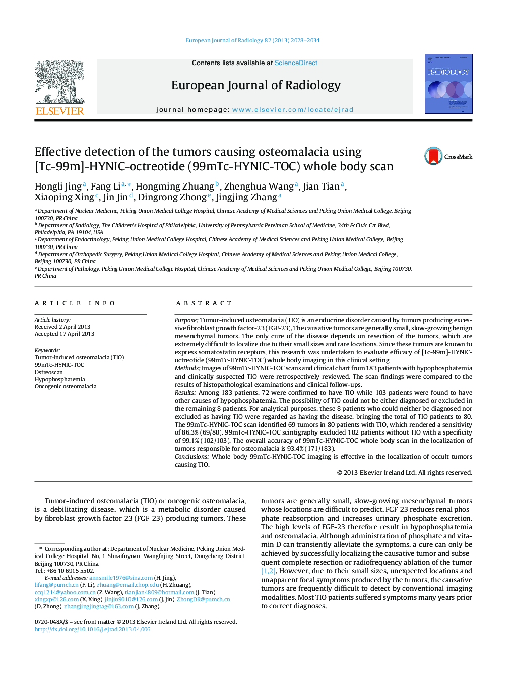 Effective detection of the tumors causing osteomalacia using [Tc-99m]-HYNIC-octreotide (99mTc-HYNIC-TOC) whole body scan