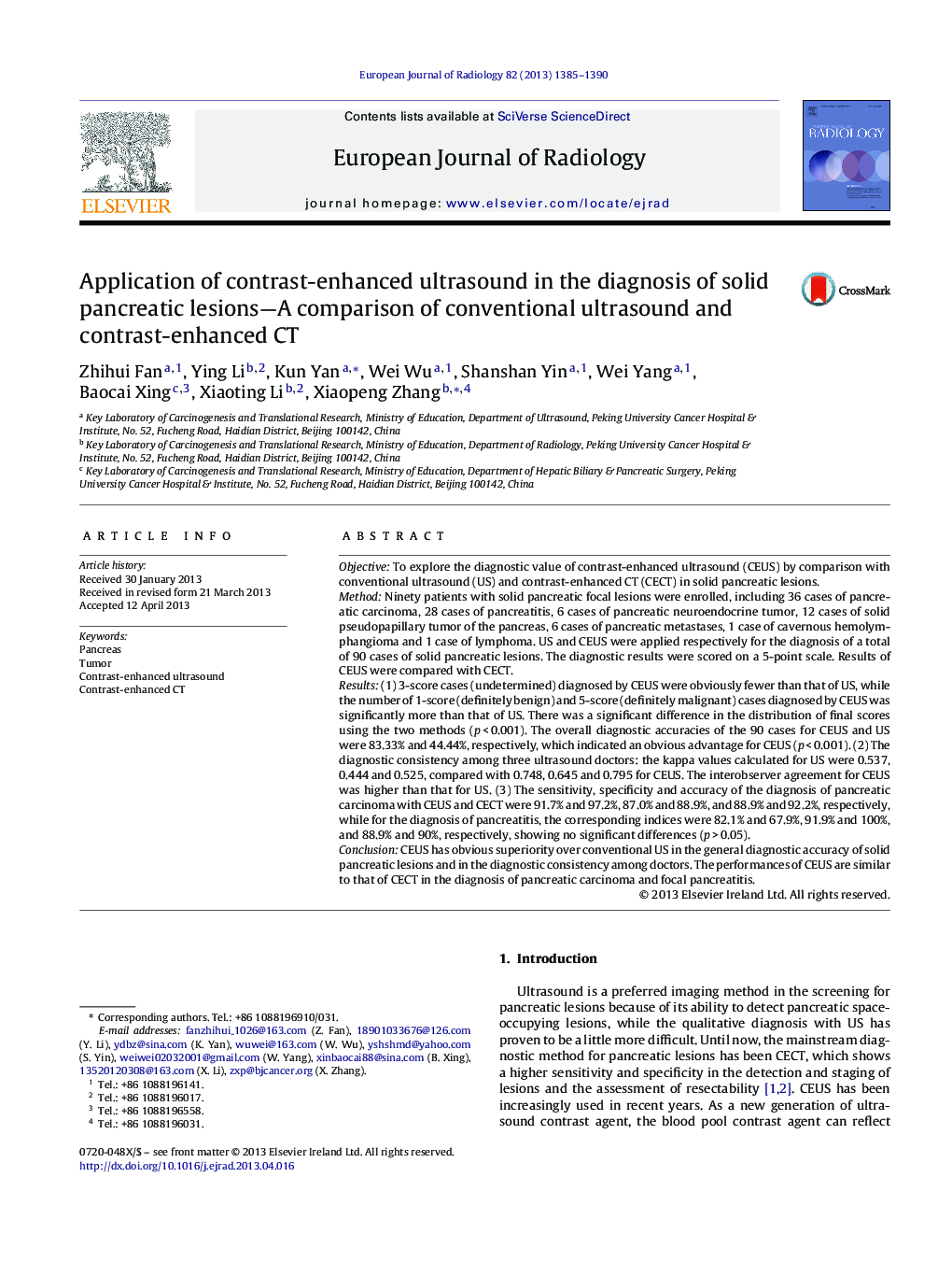 Application of contrast-enhanced ultrasound in the diagnosis of solid pancreatic lesions—A comparison of conventional ultrasound and contrast-enhanced CT