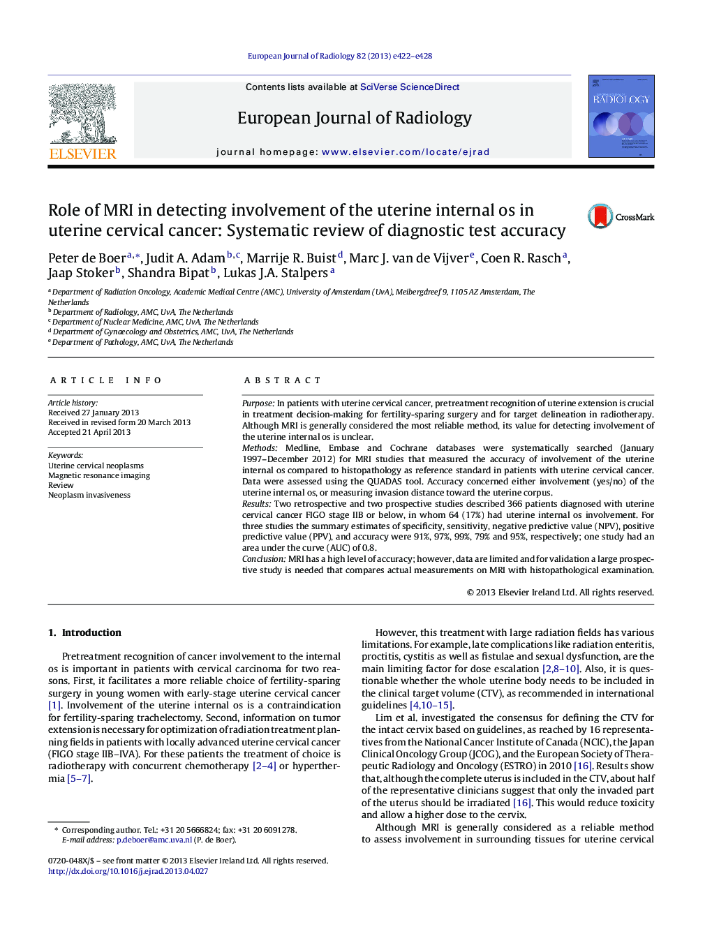 Role of MRI in detecting involvement of the uterine internal os in uterine cervical cancer: Systematic review of diagnostic test accuracy