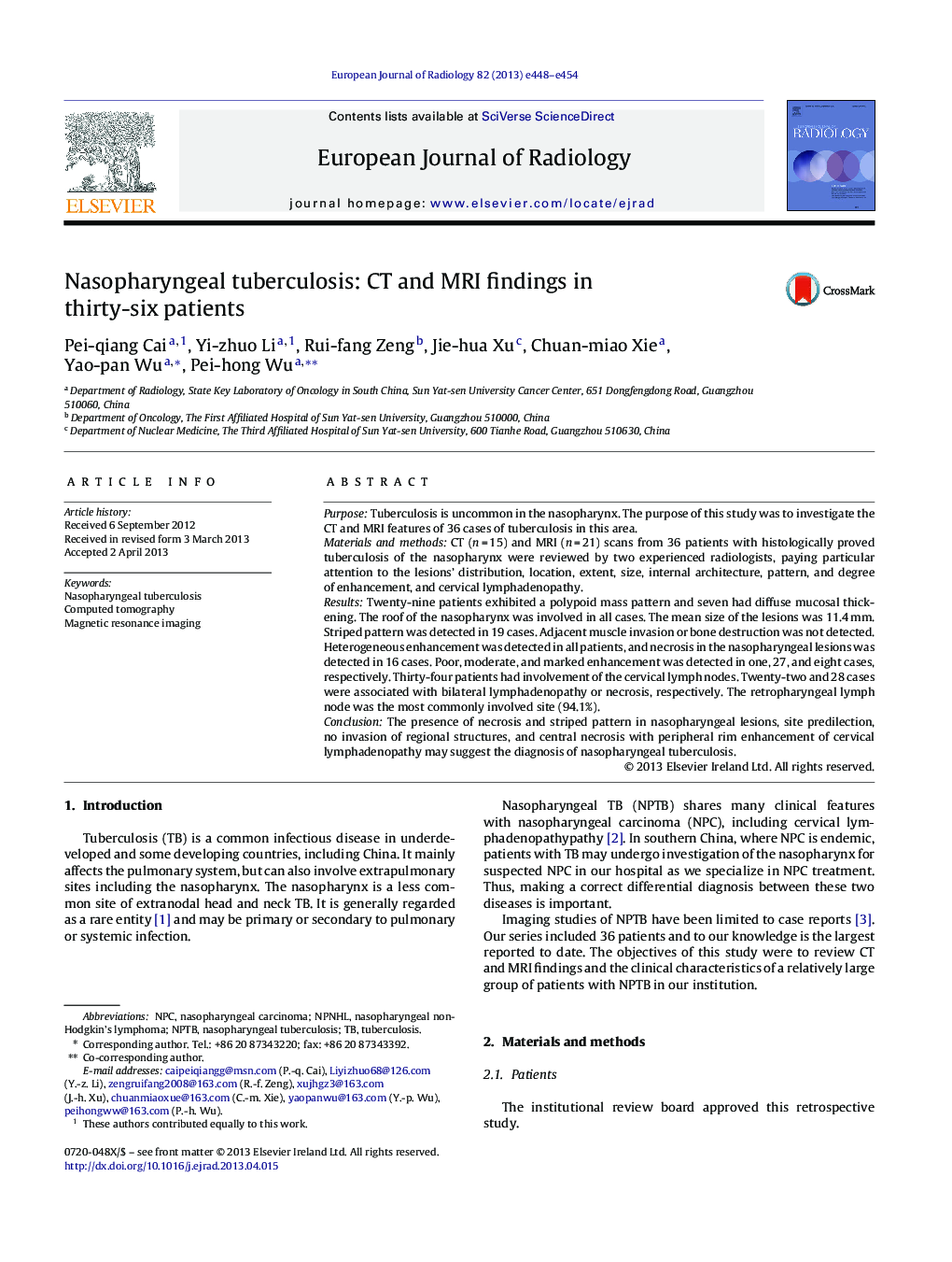 Nasopharyngeal tuberculosis: CT and MRI findings in thirty-six patients