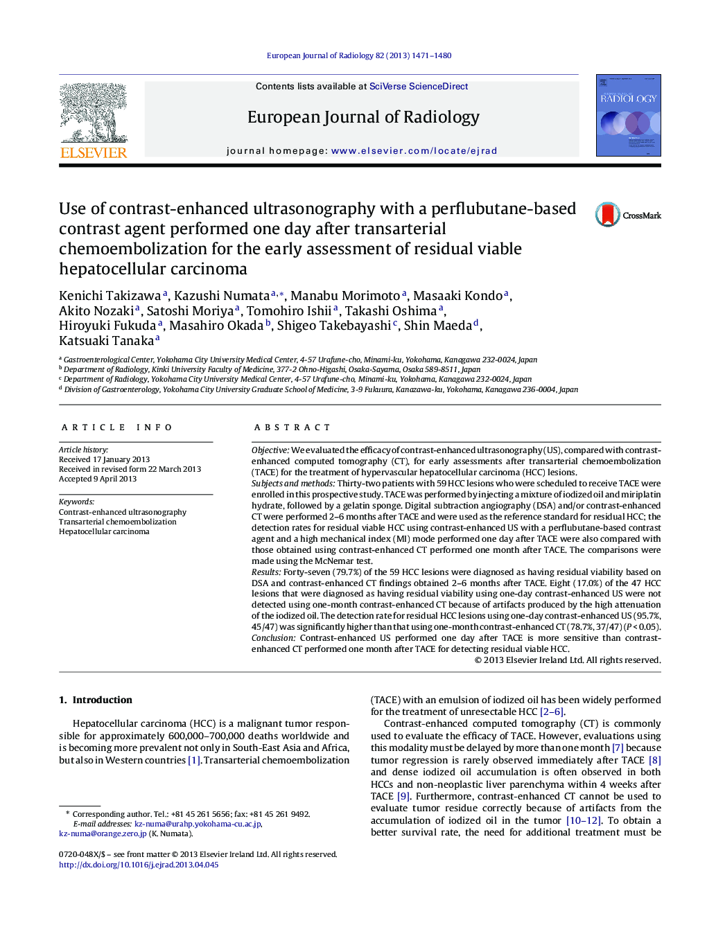 Use of contrast-enhanced ultrasonography with a perflubutane-based contrast agent performed one day after transarterial chemoembolization for the early assessment of residual viable hepatocellular carcinoma