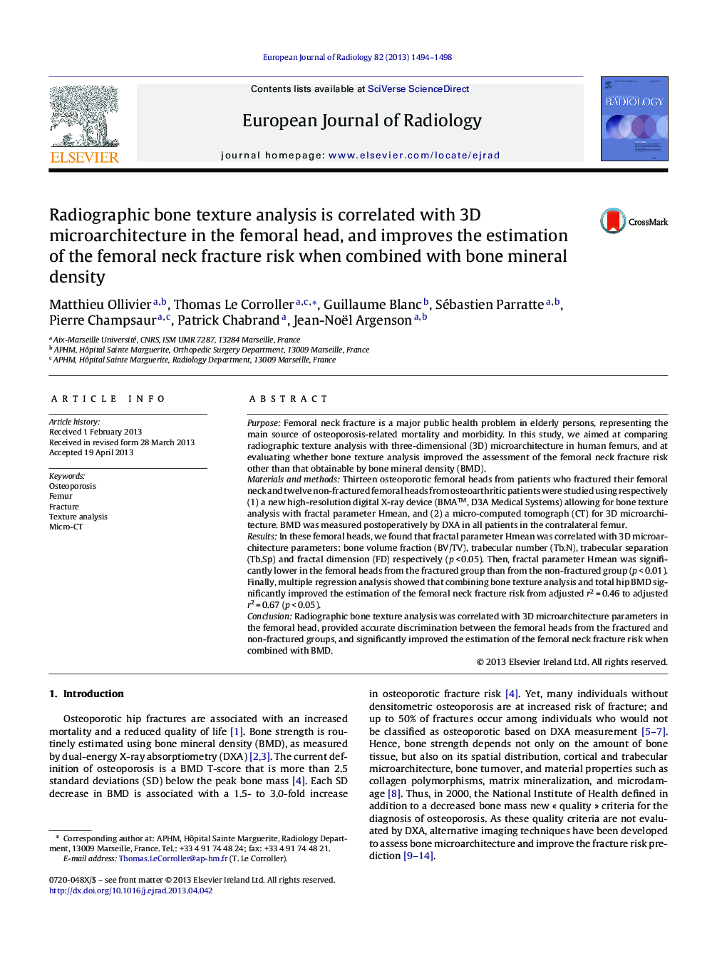 Radiographic bone texture analysis is correlated with 3D microarchitecture in the femoral head, and improves the estimation of the femoral neck fracture risk when combined with bone mineral density
