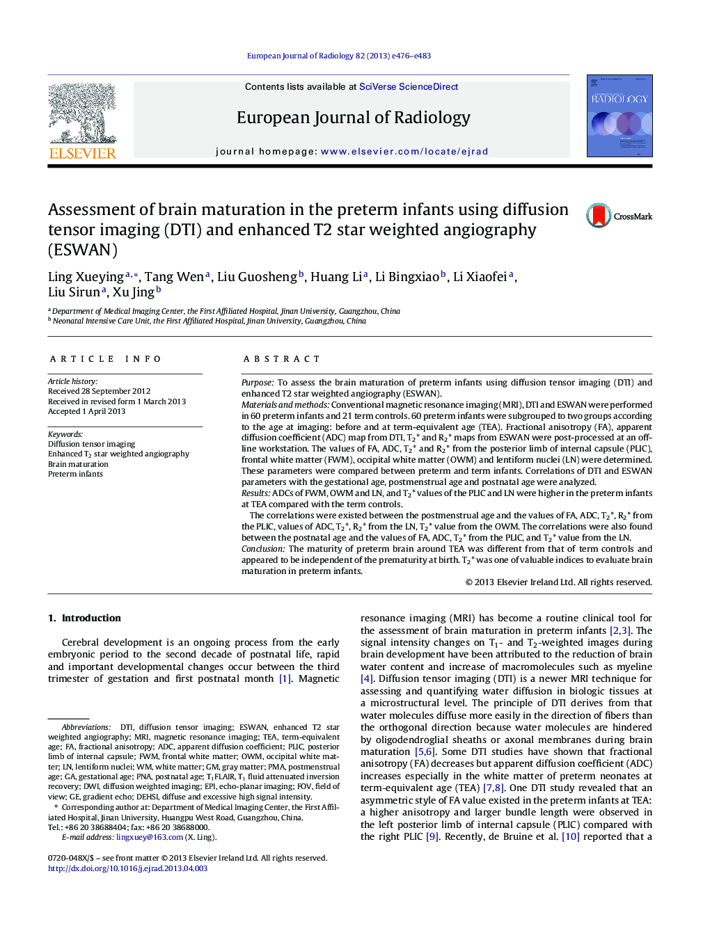 Assessment of brain maturation in the preterm infants using diffusion tensor imaging (DTI) and enhanced T2 star weighted angiography (ESWAN)