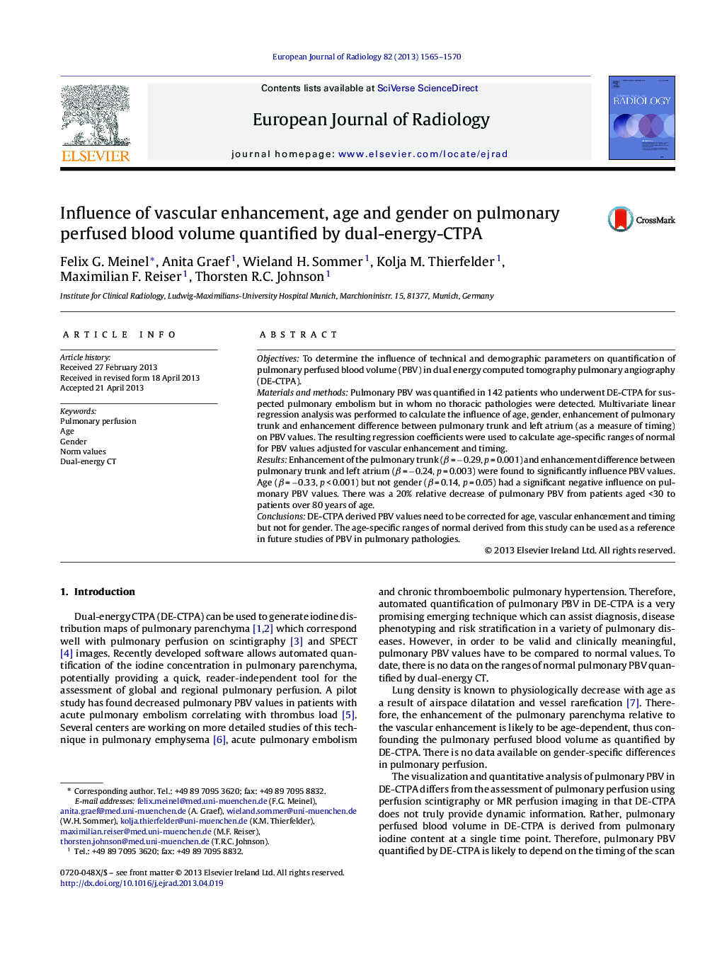 Influence of vascular enhancement, age and gender on pulmonary perfused blood volume quantified by dual-energy-CTPA